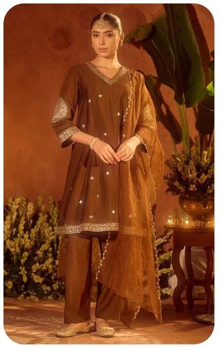 Brown Colour Viscose Chanderi Kurti With Bottom Dupatta Exporters In India SET0222